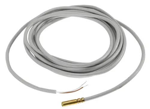 Temperatursensor mit grauer Ummantelung und einem goldenen Fühler. Geeignet für die Temperaturmessung in Tauchhülsen. Hersteller: Oventrop.